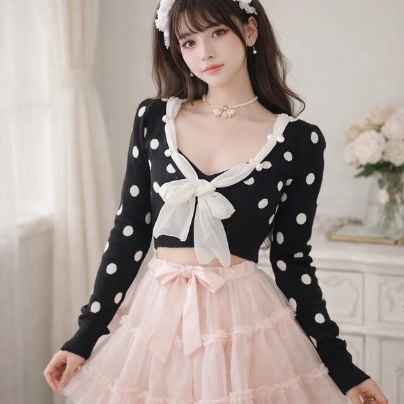 Beulah Tops - Beulah Polka Dot Bow Front Knit Crop Top Sweater Coquette Balletcore Kpop Lolita